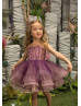 Beaded Purple Tulle Knee Length Heart Back Flower Girl Dress